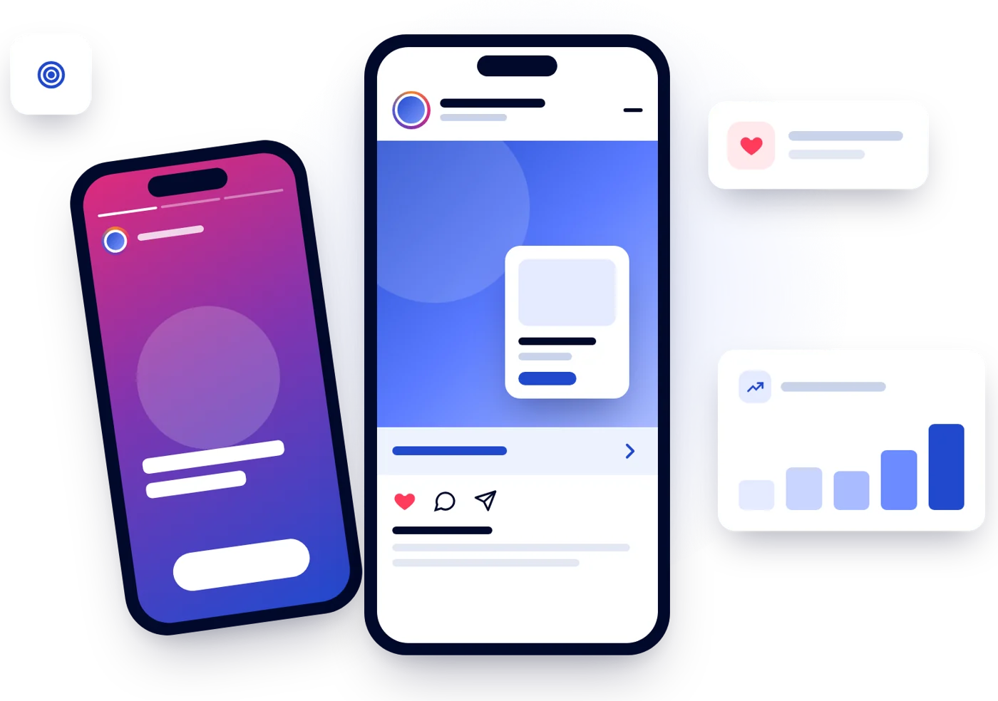 Instagram ads in the feed and in Stories, with a chart of the results