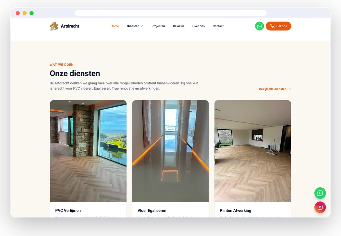 Dienstenoverzicht op de website van Artdrecht met foto's van gelegde vloeren