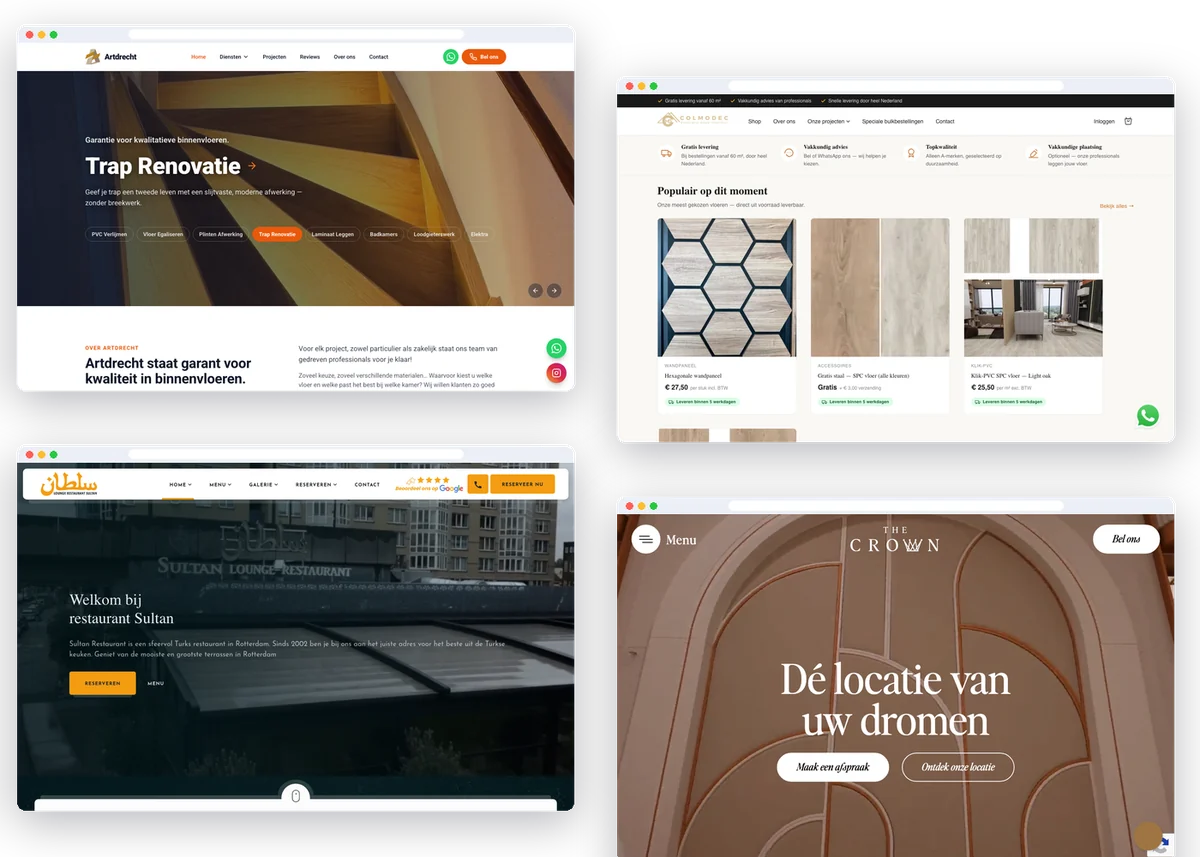 Vier websites van klanten van Brandico in een browservenster: Artdrecht, Colmodec, Sultan Lounge en The Crown