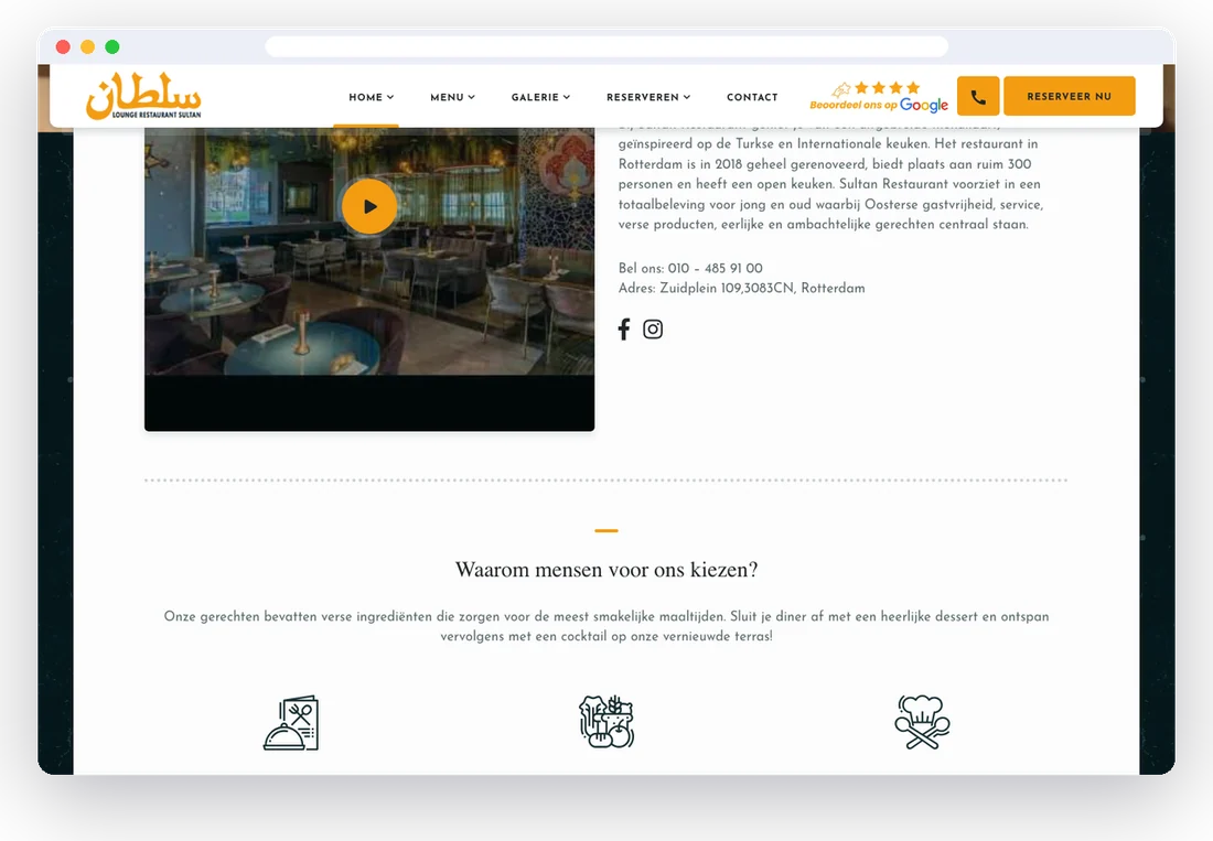 Pagina over het restaurant op de website van Sultan Lounge met een video van het interieur