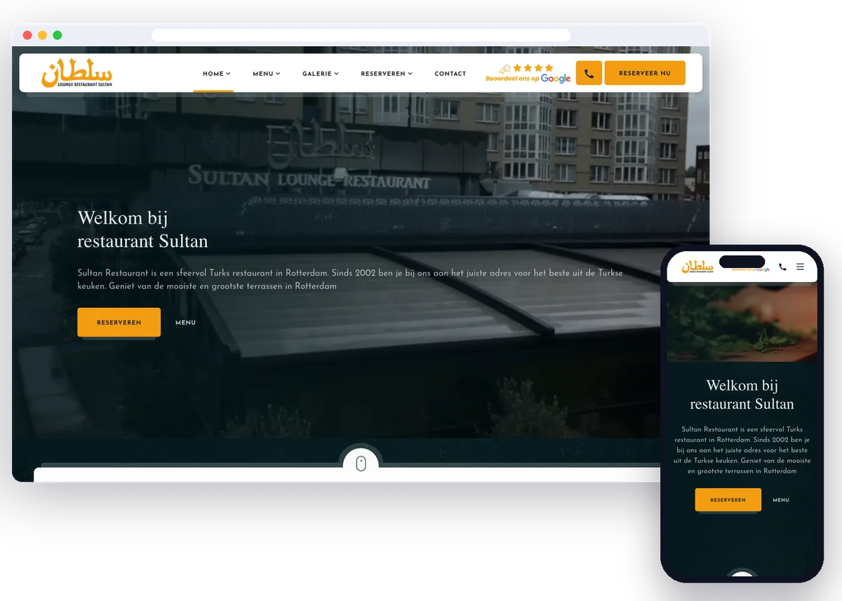 Website van Sultan Lounge op een laptop- en telefoonscherm