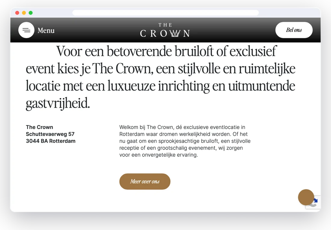 Introductietekst op de website van The Crown over bruiloften en events in Rotterdam